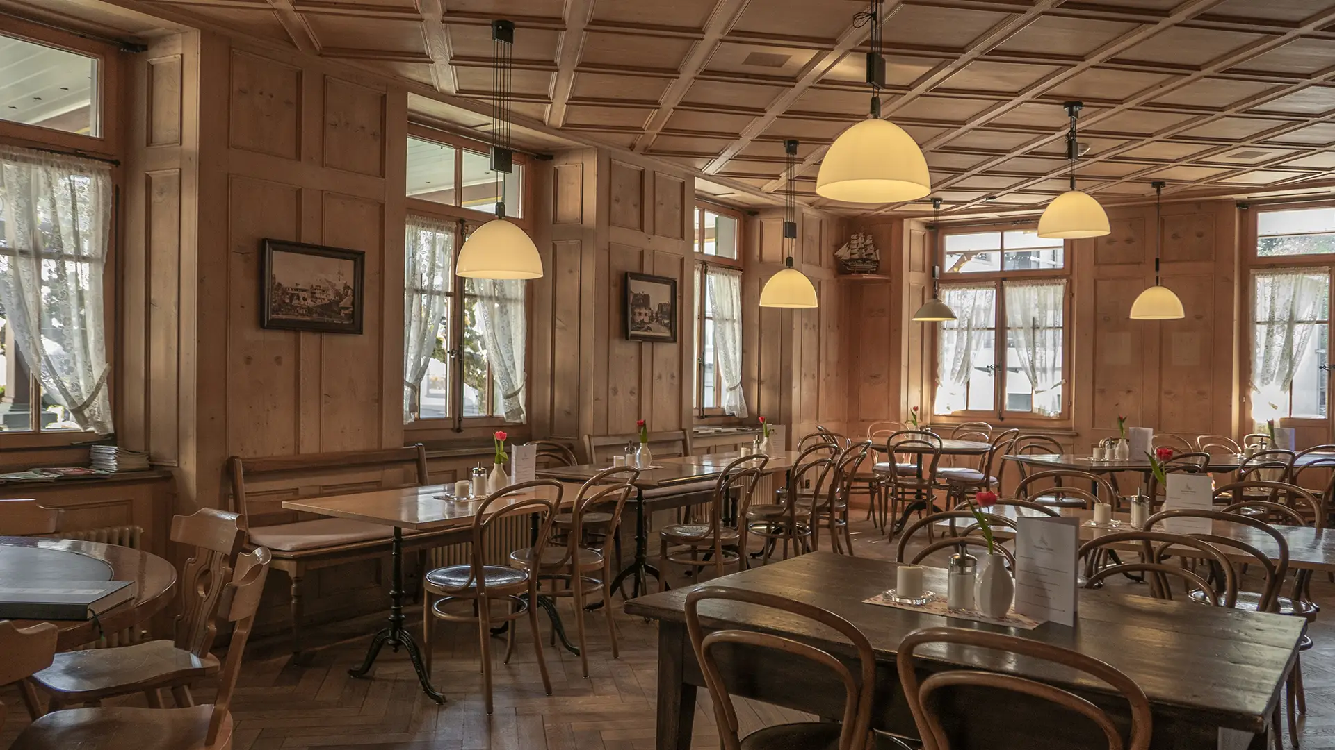 The wood-panelled dining room