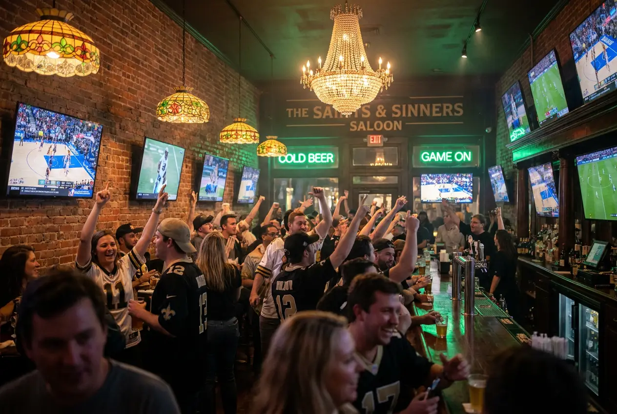 Crowd cheering under emerald neon on game night